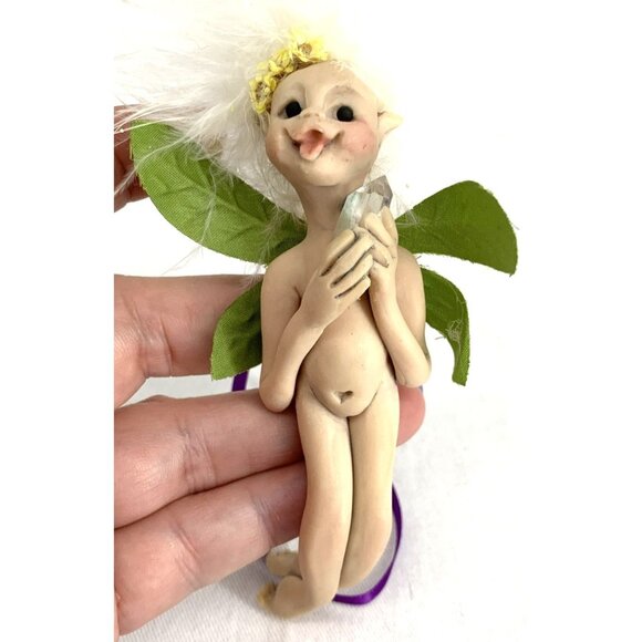 Pixie Fairy Troll Holding Crystal Ornament Handmade Polymer Clay Sculpture 5" - Picture 1 of 6